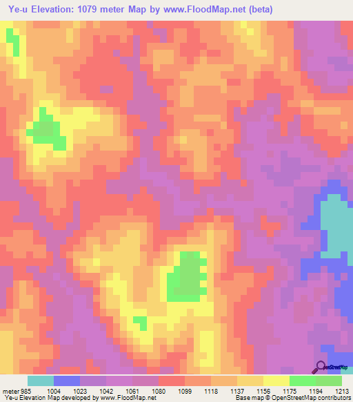 Ye-u,Myanmar Elevation Map