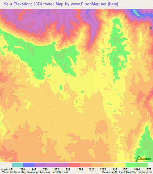 Ye-u,Myanmar Elevation Map