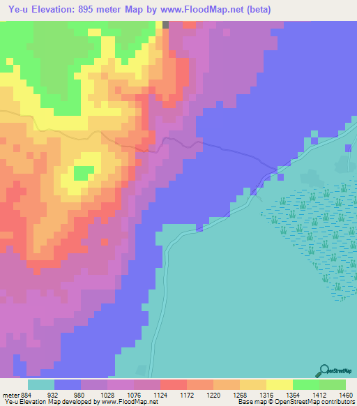 Ye-u,Myanmar Elevation Map