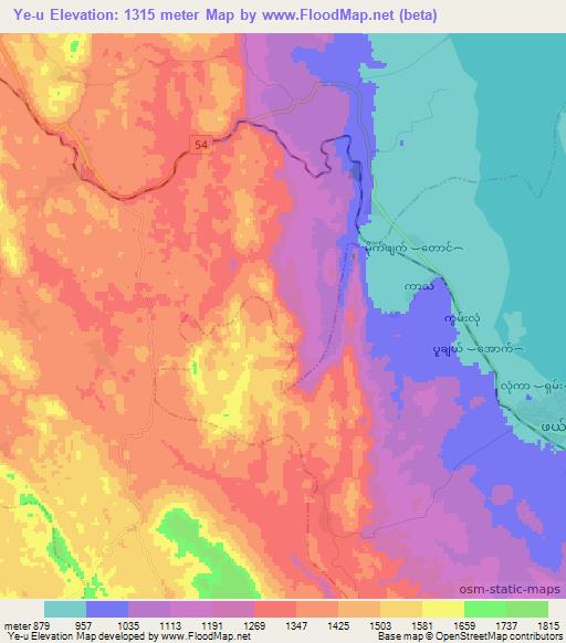 Ye-u,Myanmar Elevation Map
