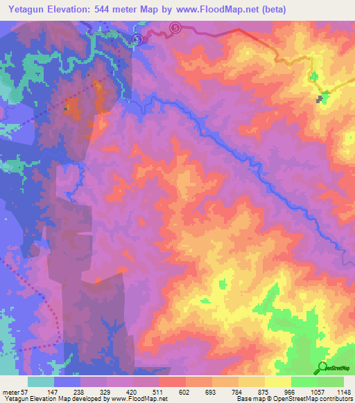 Yetagun,Myanmar Elevation Map