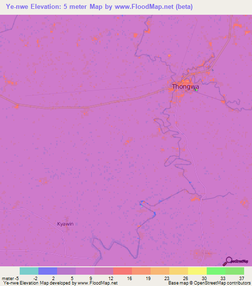 Ye-nwe,Myanmar Elevation Map