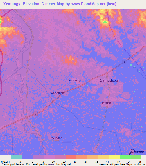 Yemungyi,Myanmar Elevation Map