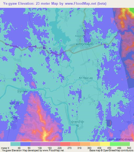 Ye-gyaw,Myanmar Elevation Map