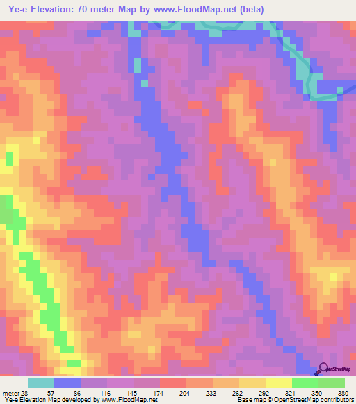 Ye-e,Myanmar Elevation Map