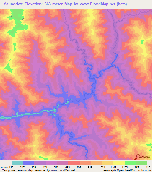 Yaungdwe,Myanmar Elevation Map