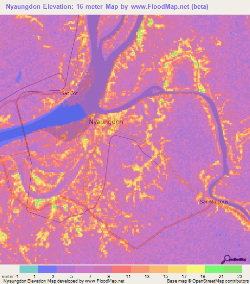 Nyaungdon,Myanmar Elevation Map