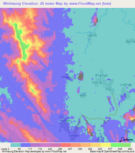 Winhtaung,Myanmar Elevation Map