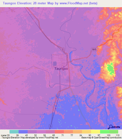 Taungoo,Myanmar Elevation Map