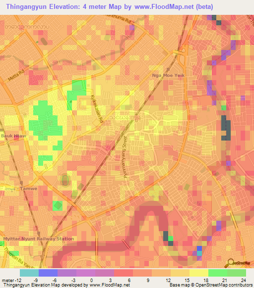 Thingangyun,Myanmar Elevation Map