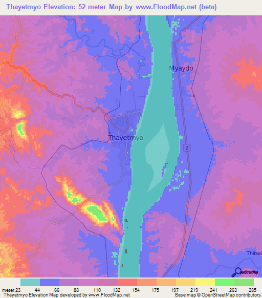 Thayetmyo,Myanmar Elevation Map