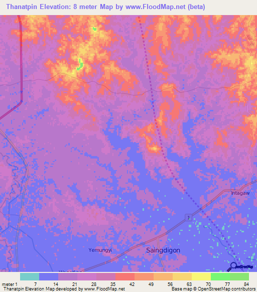 Thanatpin,Myanmar Elevation Map