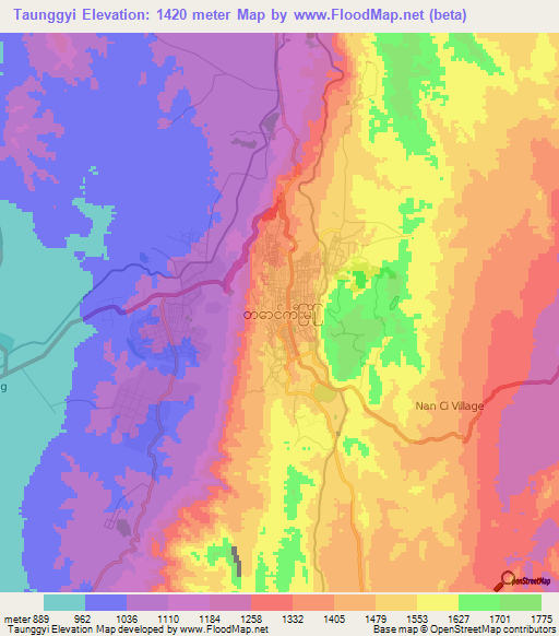 Taunggyi,Myanmar Elevation Map