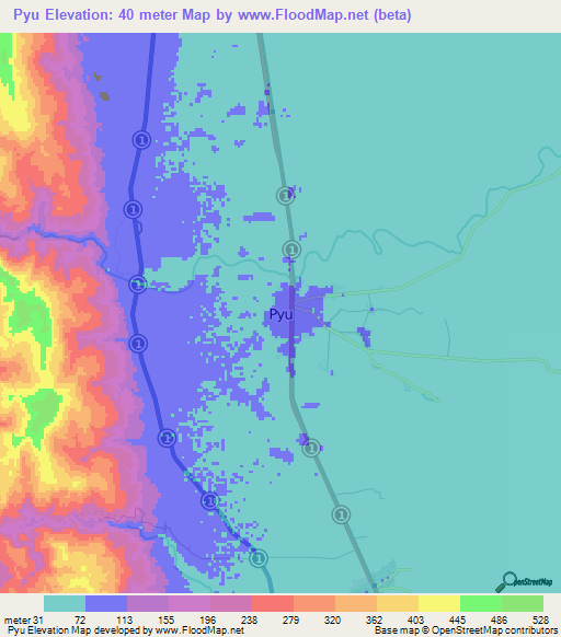 Pyu,Myanmar Elevation Map