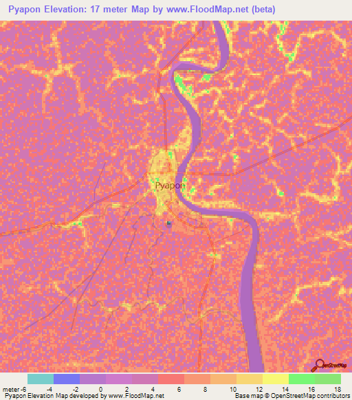 Pyapon,Myanmar Elevation Map