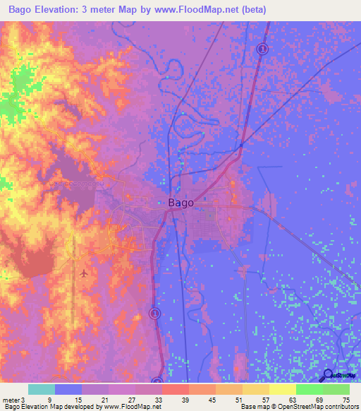 Bago,Myanmar Elevation Map