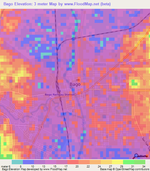 Bago,Myanmar Elevation Map