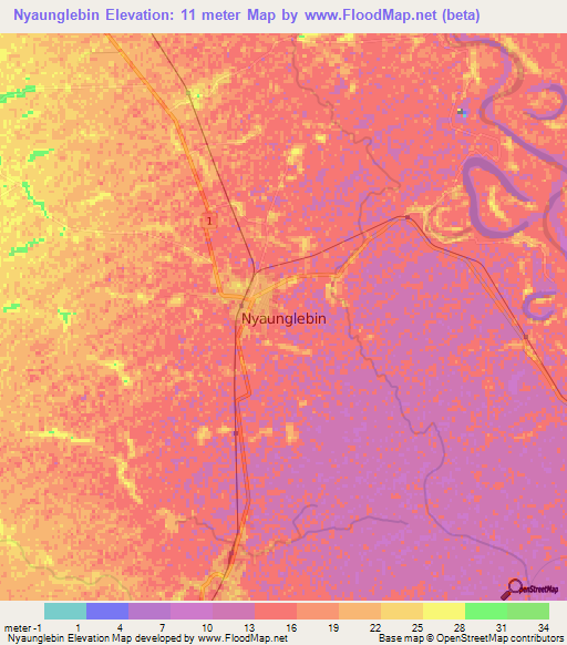 Nyaunglebin,Myanmar Elevation Map
