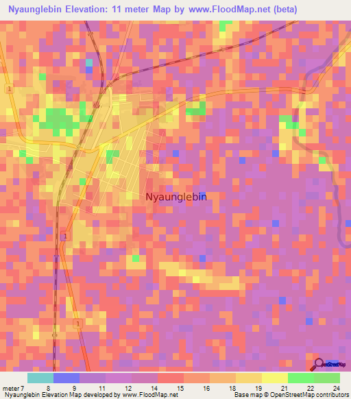 Nyaunglebin,Myanmar Elevation Map