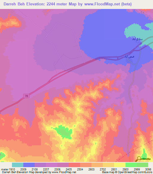 Darreh Beh,Iran Elevation Map