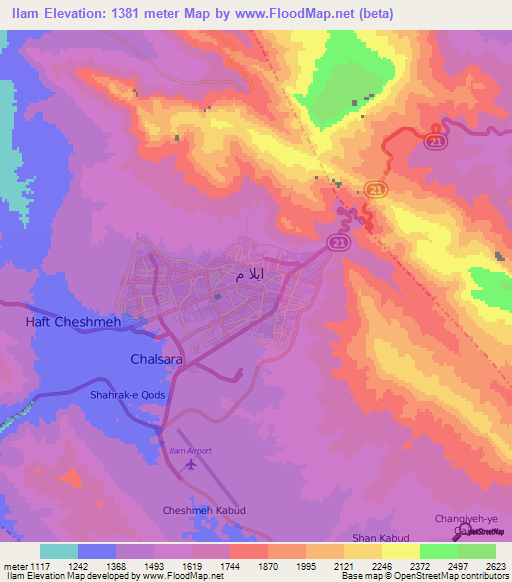 Ilam,Iran Elevation Map