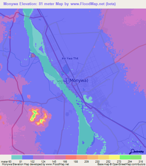Monywa,Myanmar Elevation Map