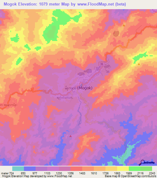 Mogok,Myanmar Elevation Map