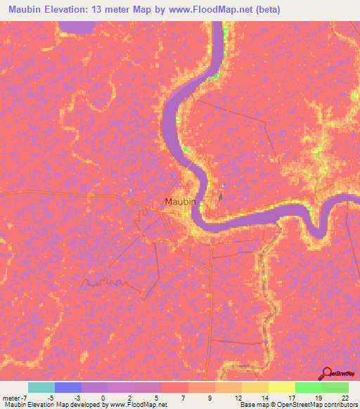 Maubin,Myanmar Elevation Map