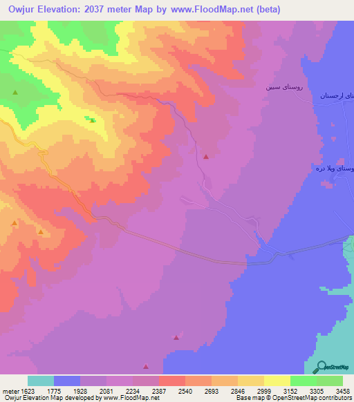 Owjur,Iran Elevation Map
