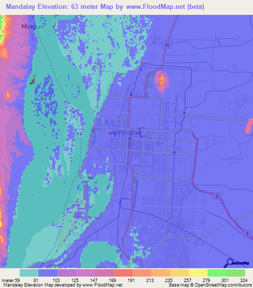 Mandalay,Myanmar Elevation Map