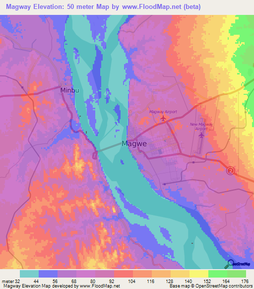 Magway,Myanmar Elevation Map