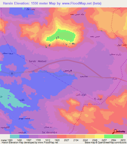 Harsin,Iran Elevation Map