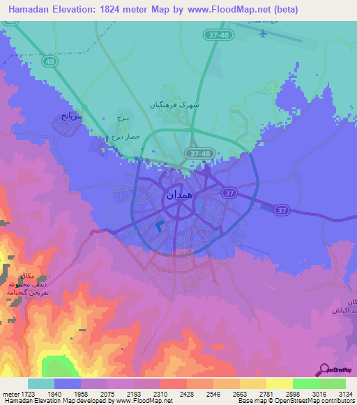 Hamadan,Iran Elevation Map