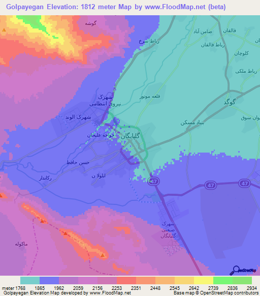 Golpayegan,Iran Elevation Map