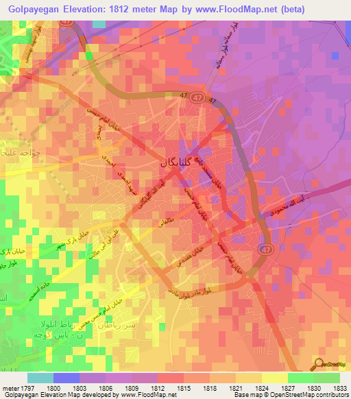 Golpayegan,Iran Elevation Map