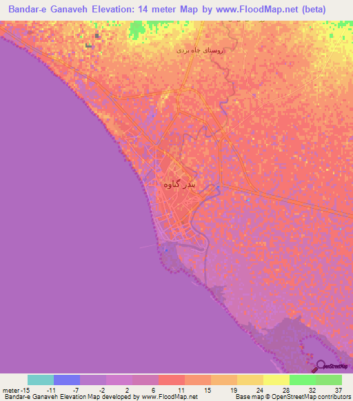 Bandar-e Ganaveh,Iran Elevation Map