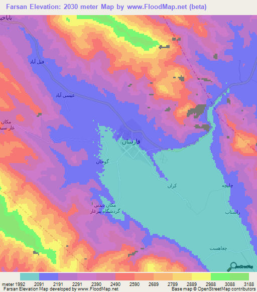 Farsan,Iran Elevation Map