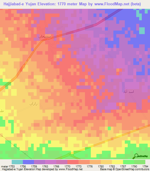 Hajjiabad-e Yujan,Iran Elevation Map