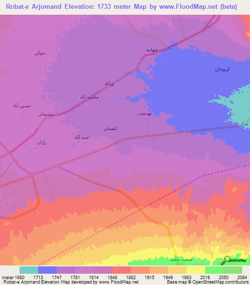 Robat-e Arjomand,Iran Elevation Map