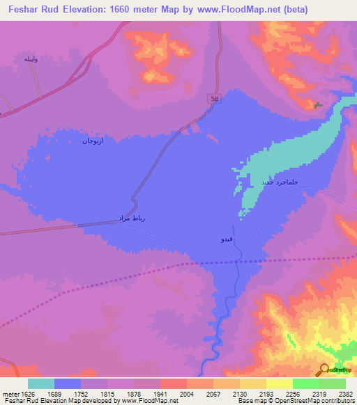 Feshar Rud,Iran Elevation Map