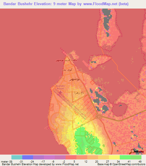 Bandar Bushehr,Iran Elevation Map
