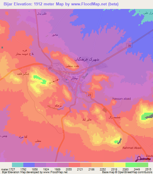 Bijar,Iran Elevation Map