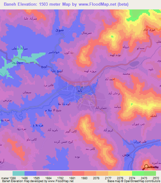 Baneh,Iran Elevation Map