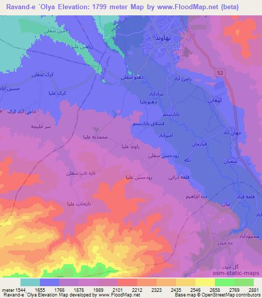 Ravand-e `Olya,Iran Elevation Map
