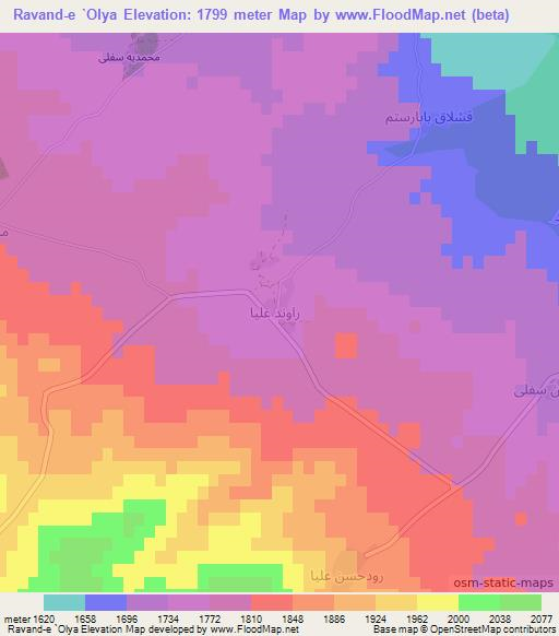 Ravand-e `Olya,Iran Elevation Map