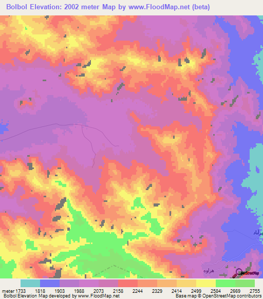Bolbol,Iran Elevation Map