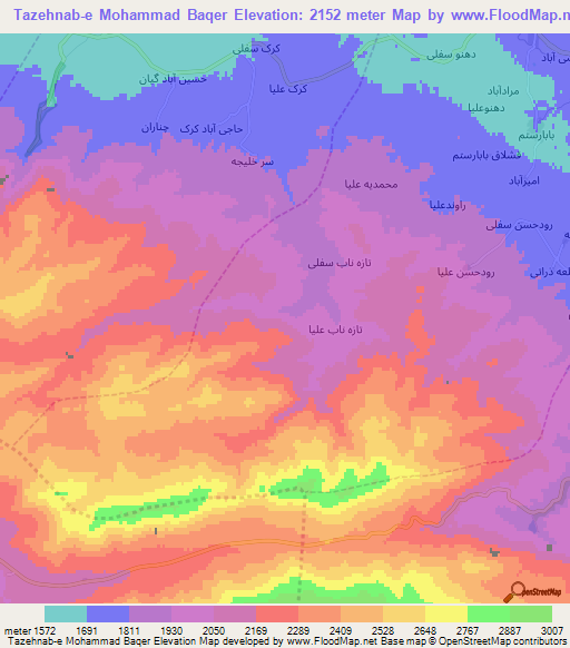 Tazehnab-e Mohammad Baqer,Iran Elevation Map