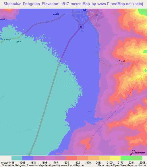 Shahrak-e Dehgolan,Iran Elevation Map