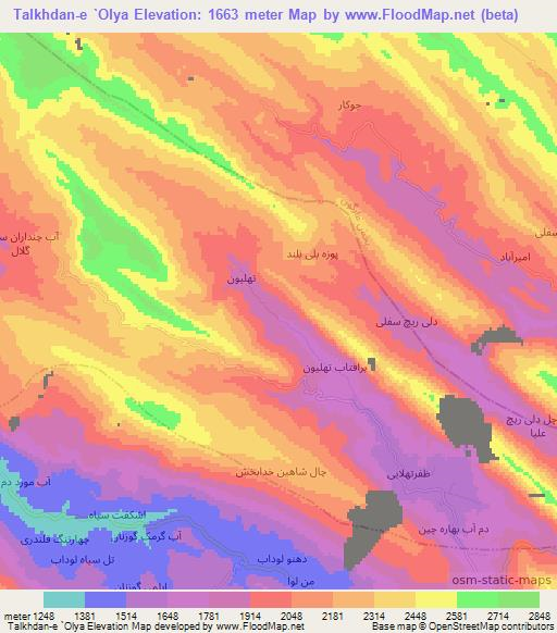Talkhdan-e `Olya,Iran Elevation Map