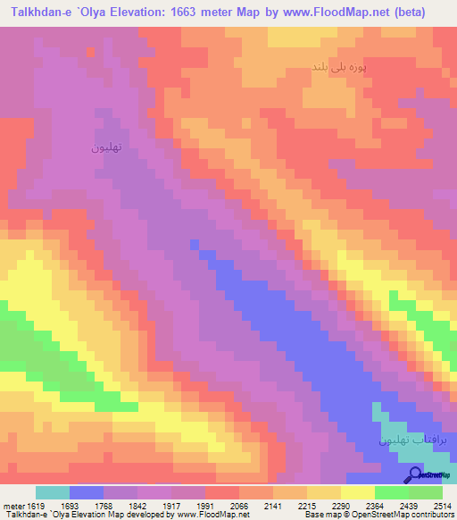Talkhdan-e `Olya,Iran Elevation Map